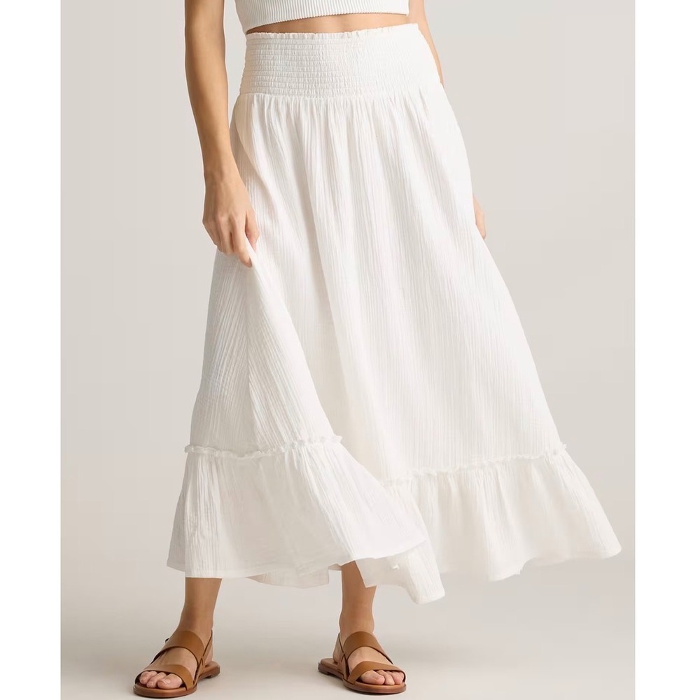 Quince Cream Maxi Skirt with Smocked Waist and Ruffle Hem